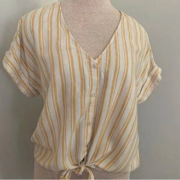 Anthropologie Cloth & Stone Yellow and White Linen Blend Stripe Shirt Size Small - Picture 7 of 7
